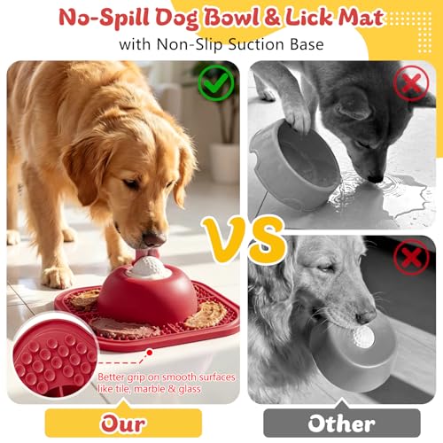 Slow Feeder Dog Bowls & Lick Mat for Liquid and Thick Treat, Anti-Slip Dog Lick Bowl with Interactive Rolling Ball, 5/6 Cup Pup Licking Toy for Large Medium Small Dogs and Cats Red - color: Red