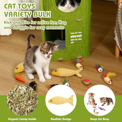 3-Storey Cat House for Indoor Use with 10 Pcs Sisal Toys Cube Cats Bed Cave Cat Houses 35.5 x 14.6 Inch Felt Scratch Resistant Cats Condos with Hideaway and Sisal Stuff for Indoor Multi-Cats Home