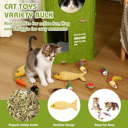 3-Storey Cat House for Indoor Use with 10 Pcs Sisal Toys Cube Cats Bed Cave Cat Houses 35.5 x 14.6 Inch Felt Scratch Resistant Cats Condos with Hideaway and Sisal Stuff for Indoor Multi-Cats Home