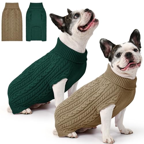 2 Pack Dog Sweaters for Medium Dogs Winter Turtleneck Pullover Cable Knit Fleece Stretch Frenchie Dachshund Pug Corgi Beagle Boy Girl Pet Clothes (L, Green & Brown) - color: Green & Brown, size: Large