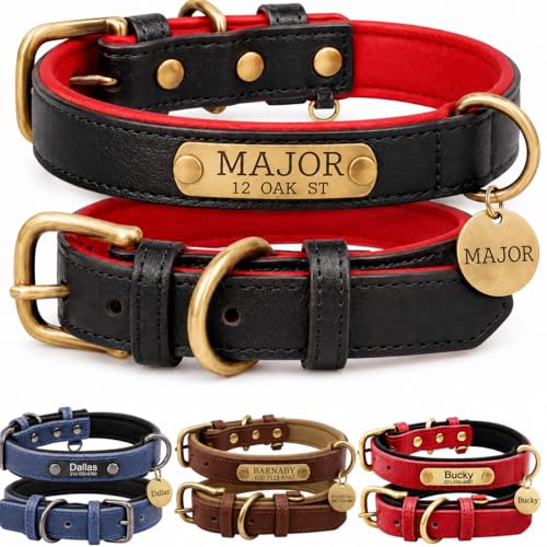 Leather Dog Collar Personalised and Leash Set, Personalized with Soft Padded Design Heavy Duty Featuring Custom Engraved Name Plate for Small Medium and Large Dogs - color: Black collar without leash, size: S:（neck 23-32cm,width 1.5cm）
