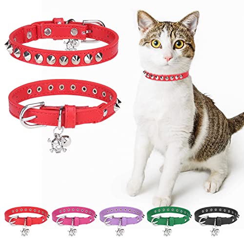 Leather Cat Collars for Boy Girl Cats with Bell and Safety Elastic Belt, Personalized Rivets Stud Adjustable Safe Buckle Collar with Skull Charm for Kitty Small Pets, Red 7"-9" - color: Red, size: 7"-9" For Cats(Pack of 1)