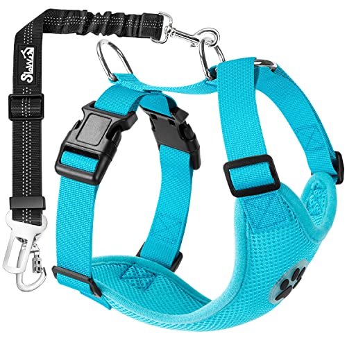 SlowTon Dog Seat Belt Harness for Car, Dog Car Harness Adjustable Mesh Breathable & Dog Seatbelt Safety Tether with Elastic Bungee for Small Medium Large Pets(Light Blue, Double Clip, XXS) - color: D-Light Blue, size: XX-Small