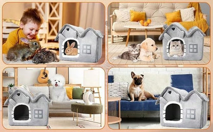 Luxury Foldable Rabbit-Ear Cat House & Dog Bed – Indoor Double Roof Condo with 30D Memory Foam, Removable Washable Cushion, Non-Slip Base, Cozy Pet Tent for Small Dogs & Cats, Gray (Small) - size: Small