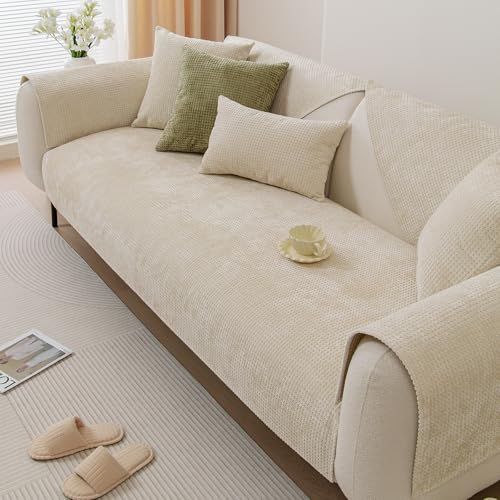 vctops Farmhouse Plaid Chenille Couch Sofa Cover Super Soft Plush Sectional Couch Covers Anti-Slip Solid Sofa Slipcover for Dogs, Children, Pets Furniture Protector (Beige,28"x28") - color: Beige, size: 1pc/28"x28"/Armrest Or Backrest Cover