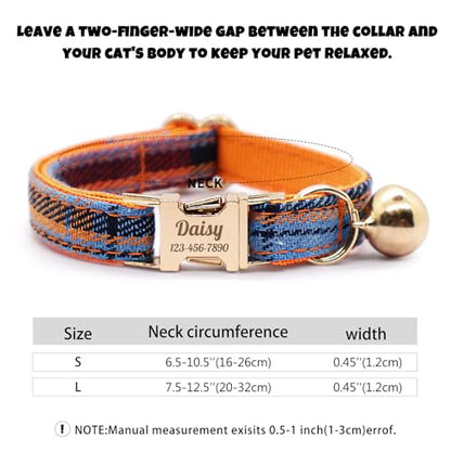 Personalized Plaid Cat Collar with Bell - Non-Breakaway Custom Polyester Kitten Collar with Engraved Name & Phone Number (Pattern 09, S (6.5-10.5 Inches)) - color: Pattern 09, size: S (6.5-10.5 Inches)