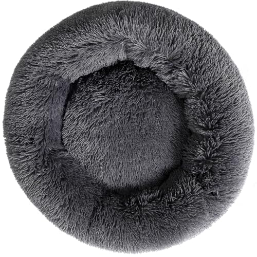 Calming Cat Bed for Indoor Cats & Small Dogs, Pet Bed for Puppies Rabbit,Machine Washable Non-Slip Donut Sofa for 6.5lbs Pet，Plush Dark Gray Cama para Gatos，Dark Gray