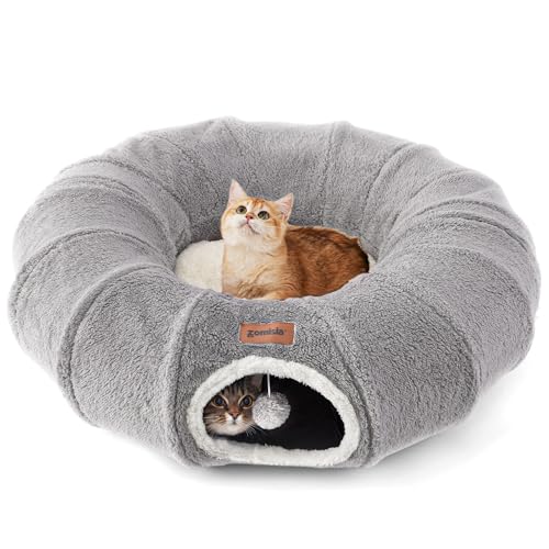 ZOMISA Cat Tunnel Bed for Indoor Cats, Cute Cat Donut Toy Tunnel for Small Large Cats, Peekaboo Pet Cave Play Tunnel for Kitten/Rabbit,Grey - color: Grey, size: Standard