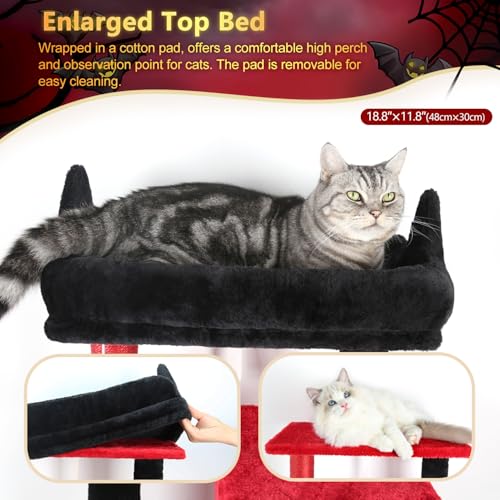 Globlazer Gothic Cat Tree Tower with Scratching Post for Indoor Cats, 53inch Tall Plush Multi-Level Cat Climbing Tower Condo with Large Hammock, Spacious Cat Cave, Padded Top Perch, F53, Red Black - color: Red Black