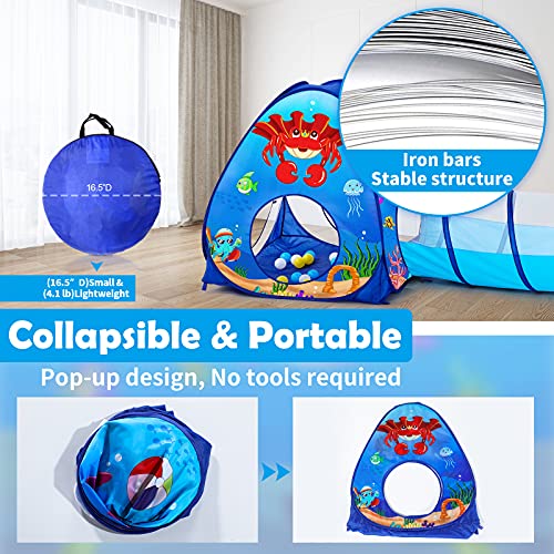 SISTICKER 3pc Kids Play Tent: with Baby Ball Pit and Crawl Tunnel - Toddler Pop Up Climbing Toys - Indoor Outdoor Playhouse - Gift for Year Old Boys Girls (Balls NOT Included) - style: Ocean