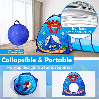 SISTICKER 3pc Kids Play Tent: with Baby Ball Pit and Crawl Tunnel - Toddler Pop Up Climbing Toys - Indoor Outdoor Playhouse - Gift for Year Old Boys Girls (Balls NOT Included) - style: Ocean