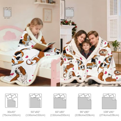 BlessLiving Basset Hound Blanket 60x80 Inches with Red Hearts, 3D Animal Print Plush & Sherpa Dual Sided Throw - Ultra Warm Soft Fleece Blanket for Adults, Kids, Pet Lovers, Cute Dog Gift - color: Basset Hound, size: Twin, 60 x 80 Inches
