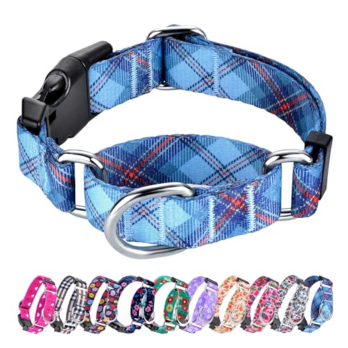 Hikiko Dog Collar for Small Medium Large Dogs, Adjustable Nylon Martingale Collars with Quick Release Buckle (Blue Plaid,S) - color: Blue Plaid, size: Small