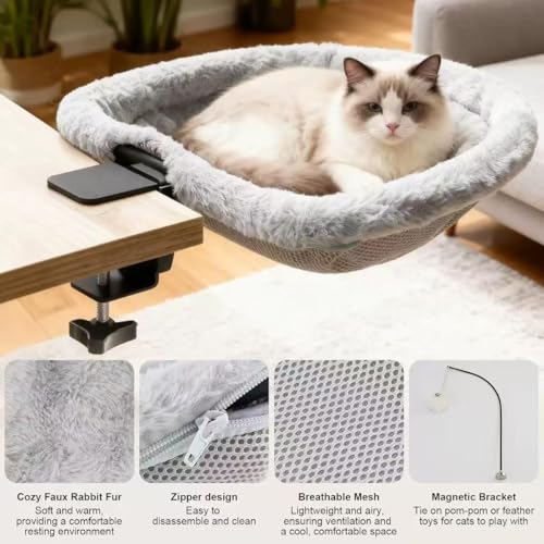 Cat Desk Bed-Extra-Large Clamp & Sunken Hammock Design,Soft Faux Rabbit Fur Material,One-Click Folding,Suitable for Various Desktops, Holds Up to 40lbs(Gray
