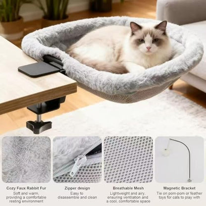 Cat Desk Bed-Extra-Large Clamp & Sunken Hammock Design,Soft Faux Rabbit Fur Material,One-Click Folding,Suitable for Various Desktops, Holds Up to 40lbs(Gray