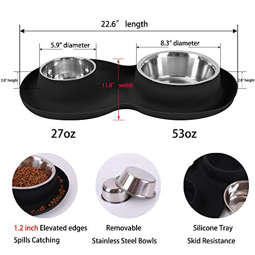 100% Waterproof BPA Free Pet Dog Bowls2 Stainless Steel（53oz+27oz） with 1.35“ Raised Edge Silicone Mat + Slow Feed Dog Water and Food Bowls for Feeding Small Large Dogs Cats Puppies (Black) - color: Black