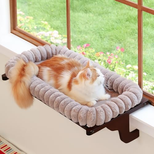 Zakkart SnugCloud Cat Window Perch with 4-Sided Bolster - Orthopedic Cat Hammock for Window Sill - Solid Hardwood & Metal Frame - Window Seat for Pets (Dark Stained Wood w/Brown Bed, Medium) - color: Dark Stained Wood w/ Brown Bed, size: Medium (22"x15")