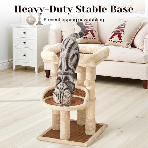 Fansafurn Multi-Level Cat Tree for Indoor Cats, Modern Cat Tower with Double Beds & Scratching Posts, 27in Cat Tree for Large Cats and Kitten, Small Cat Climbing Tower with Hanging Toys, Cream White - color: Beige