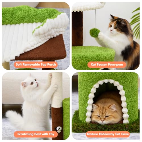 Woochpet Multi-Level Cat Tree with Sisal Scratching Post, Small Cat Tower with Cozy Condo, Soft Top Perch and Interactive Toy Mouse, Cute Forest Design Cat Furniture for Indoor Cats and Kittens