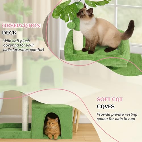 Outvita Cat Tree 36in Monstera Cat Tower with Leaves, Multi-Level Cat Tree Tower with Cat Scratching Post, Cozy Cat Condo, Padded Beds, Dangling Ball for Kittens and Indoor Cats, Green - size: 36" Green
