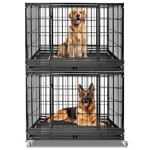 47 Inch Heavy Duty Dog Crate for Large Dogs, Two Tiers Chew-Proof Drop Cage for Dog with 4 Lockable Wheels, Escape Proof Auto-Lock & Buckle, Double-Access Wide Door Dog Kennel Indoor - size: 47.0"L x 29.0"W x 67.0"H