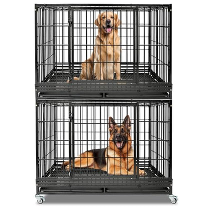 47 Inch Heavy Duty Dog Crate for Large Dogs, Two Tiers Chew-Proof Drop Cage for Dog with 4 Lockable Wheels, Escape Proof Auto-Lock & Buckle, Double-Access Wide Door Dog Kennel Indoor - size: 47.0"L x 29.0"W x 67.0"H