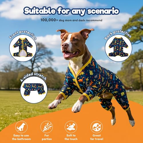LovinPet Big Dog Pajamas for Large Dogs/Prehistoric Adventure Dinosaur Navy Print/Lightweight Stretchy Knit Pullover Dog Clothes/Large Dog Onesie, Pet Pajamas for Dogs, Pet PJ's/XL - size: X-Large