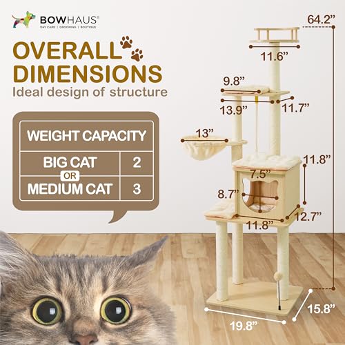 BOWHAUS 64” Wooden Cat Tree Tower for Indoor Large Cats & Kittens, Modern Tall Cat Climbing Tree w/Cave Condo, Scratching Posts, Hammock, Multi-Level Cat Tower w/Interactive Toy & Detachable Cushion