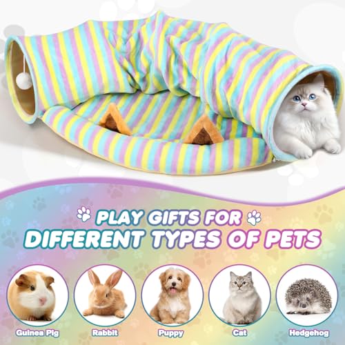 Spardar Bunny Tunnel Bed, 2-in-1 Collapsible Tunnel Tubes Toys, Washable, with Removable Mat Hideout, Interactive Toys for Rabbits Chinchilla Hedgehog Guinea Pigs Kitty, Stripe - color: Stripe