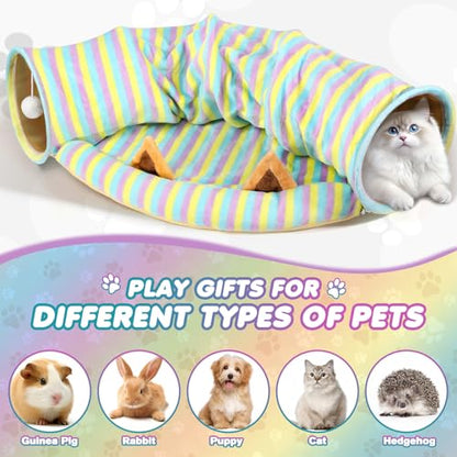 Spardar Bunny Tunnel Bed, 2-in-1 Collapsible Tunnel Tubes Toys, Washable, with Removable Mat Hideout, Interactive Toys for Rabbits Chinchilla Hedgehog Guinea Pigs Kitty, Stripe - color: Stripe