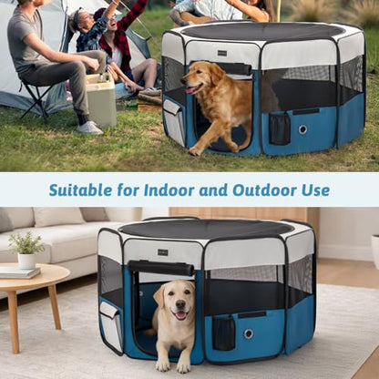 PETSFIT 45.5" Dog Playpen Indoor/Outdoor-Jump-Proof 28.5" Height with Removable Waterproof Mat & Zippered Roof | RV, Camping, Travel Dog Pen | Whelping & Cat Observation Space(45.5"L x 45.5"W x 28.5H) - color: Blue