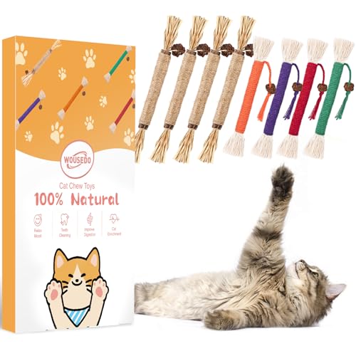 WOUSEDO 8 Pack Catnip Chew Toys for Cats,Cotton Sisal Rope Toys,Cat Natural Silvervine Sticks,for Cat Teeth Cleaning and Dental Care,Interactive Toy for Bored Indoor Cats - size: 8 PACK