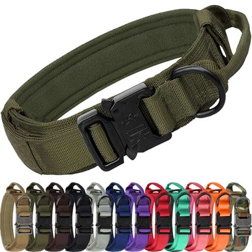 Joytale Tactical Dog Collar with Handle and Metal Buckle, Heavy Duty Padded Military Collar with 2 Patches for Training, Adjustable for Large Dogs, ArmyGreen, L - color: Armygreen, size: L