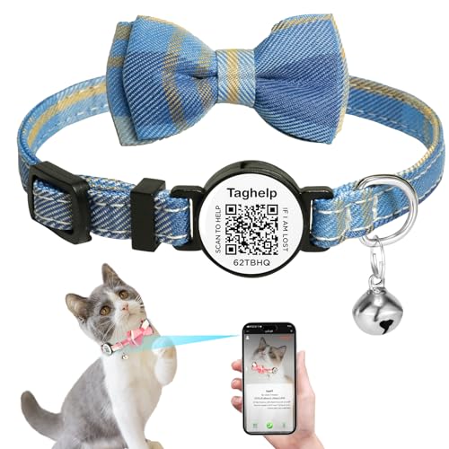 Upgraded Cat Collar with Bells, Breakaway Cat Collars with Bow Tie, Girl Boy Safety Plaid Collars with QR ID Tag for Girl Boy for Cats NO APP (Blue B) - color: Blue B