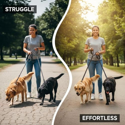 Dual Dog Leash Coupler – Padded, Reflective, Black (59" + Adjustable 18.1–31.5")