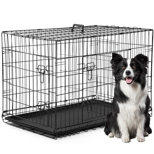 FDW XL Dog Crate Dog Kennel Cage with Double Door,42 inch Folding Metal Wire Dog Cage with Removable Tray&Divider Panel,Pet Crate for Medium Large Dogs,Black - color: Black, size: 42.0"L x 26.0"W x 28.0"H