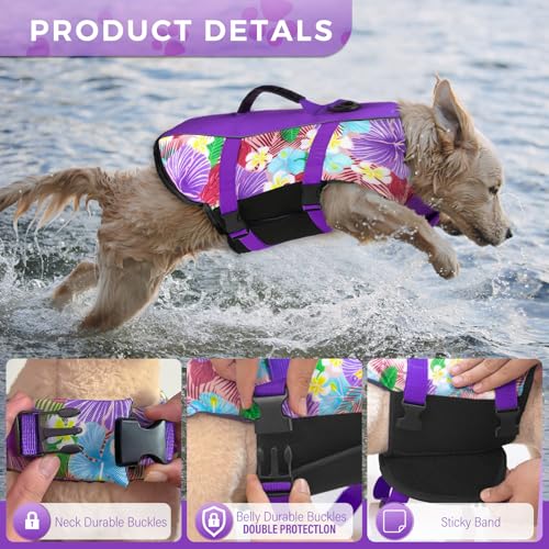 Dog Life Jacket Large, High Flotation Dog Life Vest for Swimming Boating, Hawaiian Reflective Puppy Swim Vest, Adjustable Safety Dogs Floating Vests with Superior Buoyancy and Rescue Handle