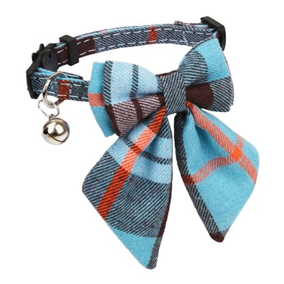 ADOGGYGO Plaid Cat Collars with Removable Bow Tie Bell, 2 Pack Beige Blue Plaid Kitten Bow Collar for Cats Kittens - color: Beige&Blue-2