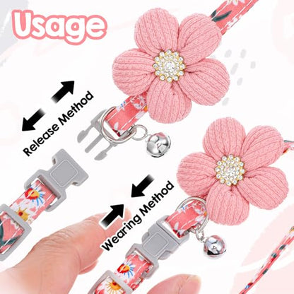 Small Dog Collar with Flower, Puppy Collar for Girl Dog Collars for Small Dogs Cute Collars with Bell, Adjustable Length Neckband (Pink)