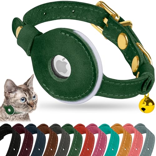OOPSDOGGY Reflective Leather AirTag Cat Collar with Bell - Non Breakaway Adjustable Pet Collar with Apple Air Tag Holder - Lightweight GPS Kitten Collars for Small Dogs Puppy Girl Boy (Green) - color: Green
