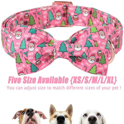 Christmas Dog Collar with Bow Tie - Cute Christmas Tree & Santa Pattern Pink Puppy Collar, Adjustable Metal Buckle Winter Holiday Bowtie Dog Collars for Small Medium Large Dogs XS - color: B-Pink Santa Claus, size: XS