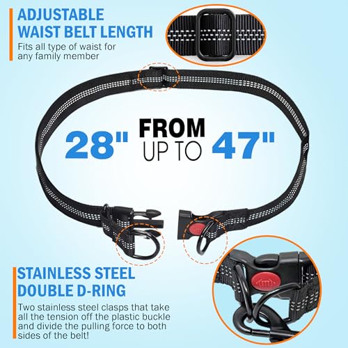 Hands Free Dog Leash with Waist Belt – No-Pull Bungee, Dual Padded Handles & Zipper Pouch for Running, Walking & Training – Adjustable Waist Leash for Large & Medium Dogs (Black) - color: Black