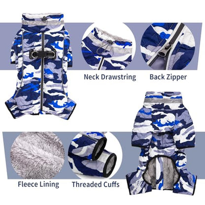 Four Legged Dog Winter Coat for Small Dogs, Warm Puppy Onesie Clothes Christmas, Reflective Turtleneck Dog Jacket with Buckles & D-Rings, Puffer Cold Weather Coat Zipper - color: Blue Camo, size: XX-Large