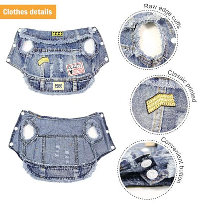 SILD Pet Clothes Dog Jeans Jacket Cool Blue Denim Coat Small Medium Puppy Blue Vintage Washed Clothes Dogs Lapel Vests Classic Hoodies - size: S