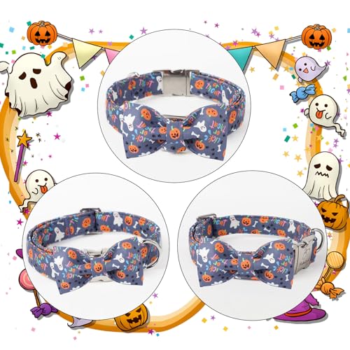 Halloween Dog Collar with Bow Tie - Cute Ghost Pumpkin Halloween Puppy Collar, Adjustable Metal Buckle Holiday Bowtie Dog Collars for Small Medium Large Dogs S - color: B-Navy Ghost Pumpkin, size: S