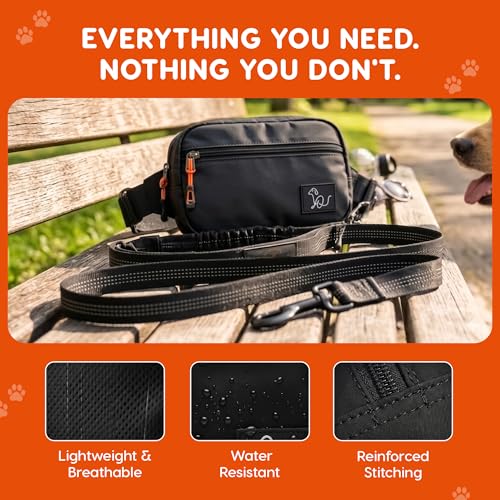 Hands Free Dog Leash with Zipper Storage Pouch - Waist Belt Bungee Running, Walking & Hiking Leash - Padded Handle - Seat Belt Attachment - Reflective No Pull Control for SM-L Dogs 10-120 lbs (Black) - color: Savannah-Axel Black