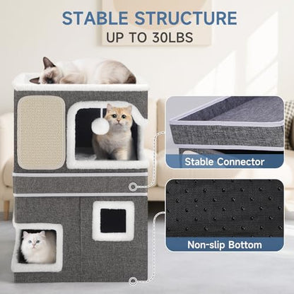 Double Cat Beds for Indoor Cats, 2-Storey Cat House with Large Cozy Hideaways, Dual Purpose Cat Cave Cube with Scratch Pads, Hanging Balls, Foldable Indoor Cat Houses for Multi Cats Kittens Small Pets - size: Double