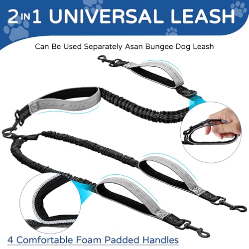 Skmeditec Hands Free Double Dog Leash with Waist Bag for Walking Two Dogs, Shock Absorbing Bungee Leash with Zipper Pouch for Running, Dual Padded Handles & Adjustable Waist Belt - size: 2 Dogs