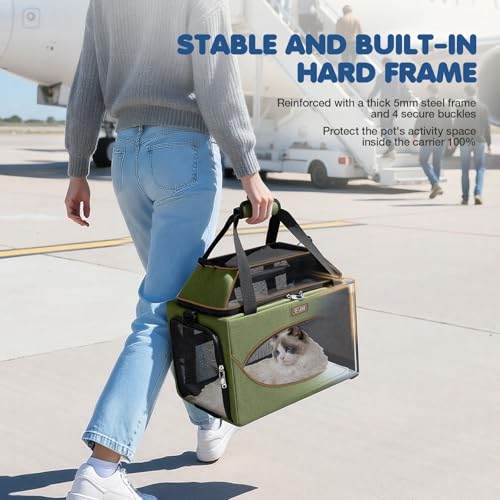 Top-Expandable Pet Carrier 18x11x11Inch Delta American United Airline Approved Underseat to 15lbs Stable Car Travel Carriers for Small Dogs Cats with Locking Safety Zippers Anti-Scratch Mesh - color: Dark Green, size: 18"x11"x11"