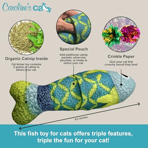 Caroline's Cats Refillable Catnip Pouch Cat Kicker Toys with Crinkle Sound Inside, Interactive Fish Toy for Cats, Plush Indoor Cat Nip Kitty Kick Sticks, Comfort Pillow for Kittens, 9.5 Inches